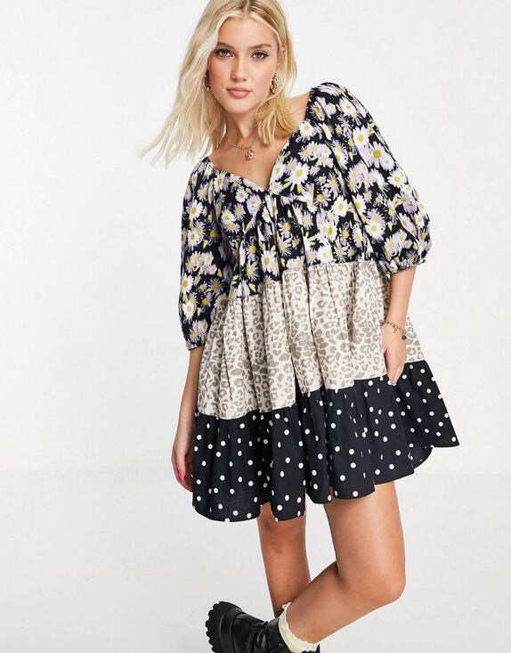 ASOS Dresses & Skirts - Asos Dress Babydoll Mini Mixed Print Floral Leopard Polka Dot Tiered 6 Boho Prep